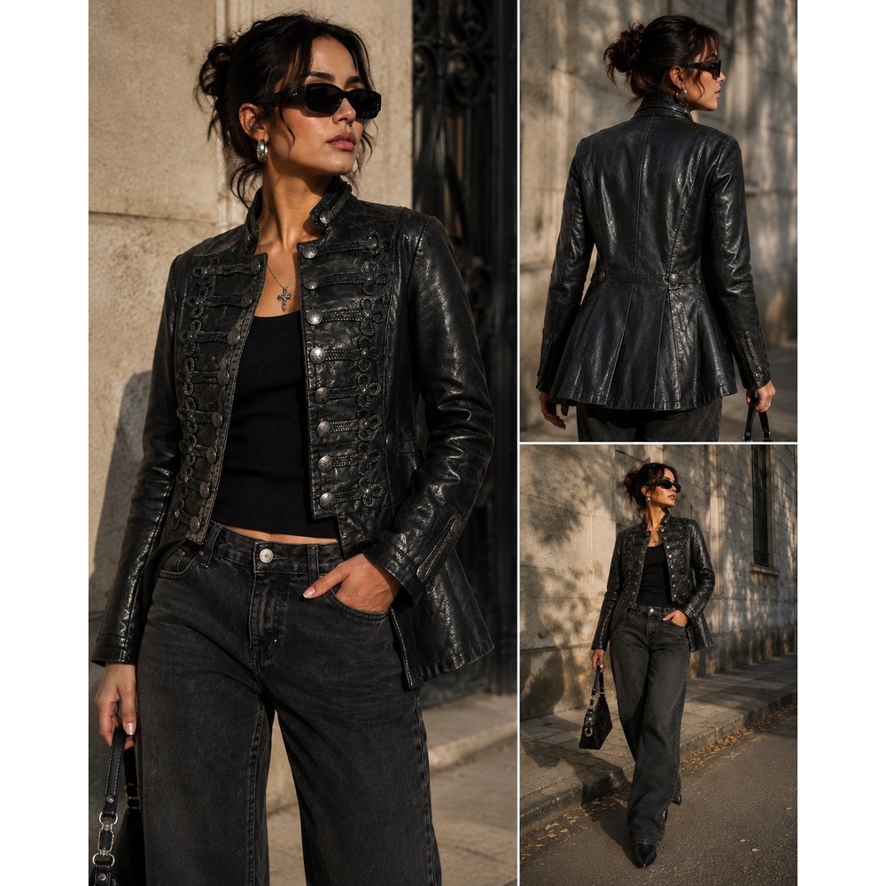 AllSaints Spitalfields Black Leather Military Frogging Jacket Size 6